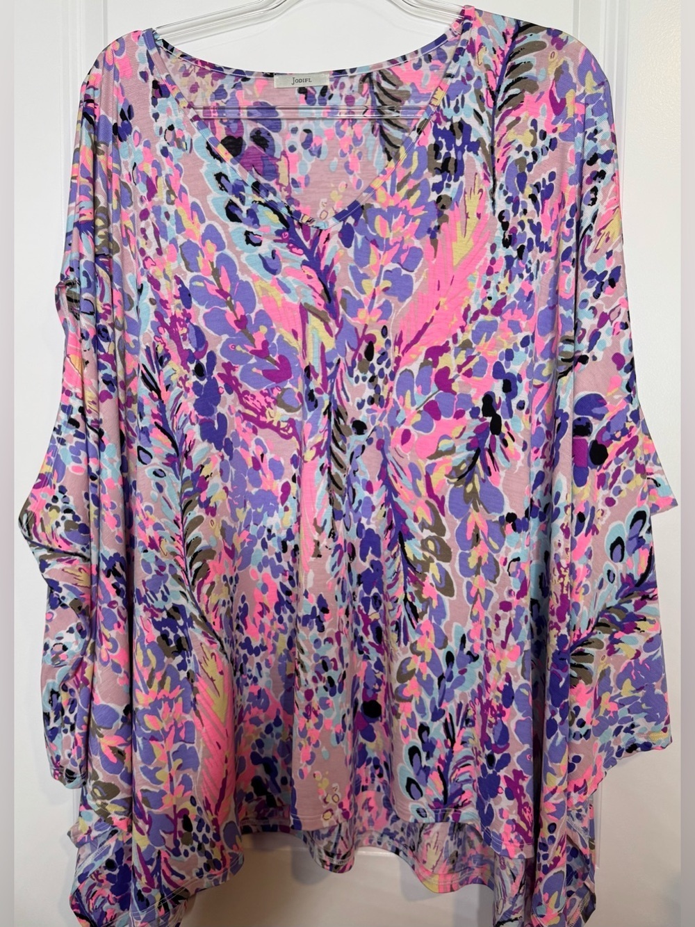 JODIFL Pink Purple vibrant Floral Print Tunic batwing blouse vacation sz small
